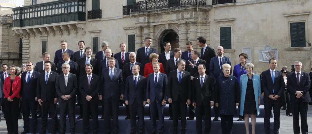 EU leaders pose for the tradional family photo at the European Union leaders summit in Valletta, Malta, February 3, 2017.    REUTERS/Yves Herman - RTX2ZHLJ