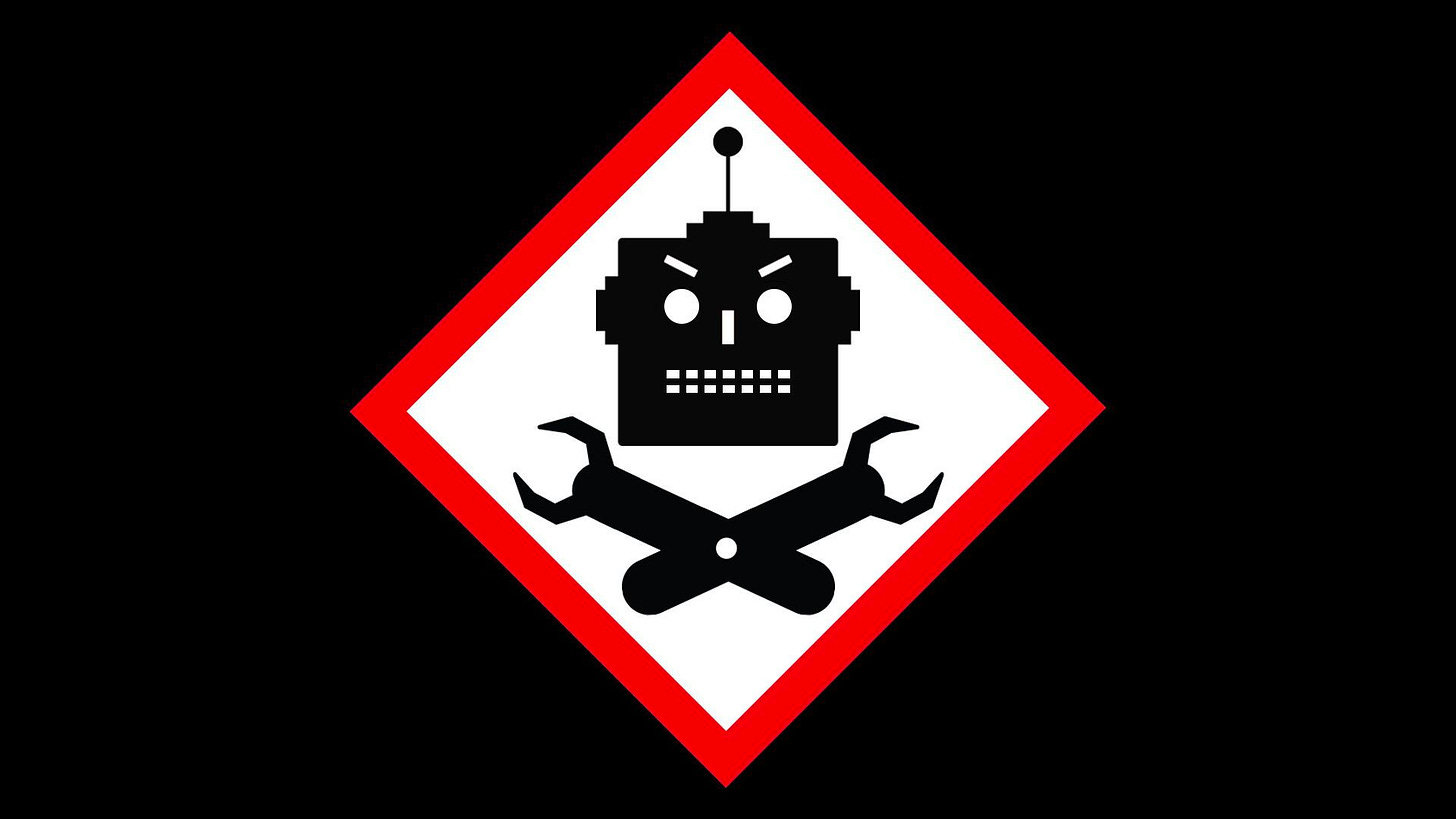 Illustration of a warning sign with a skull and crossbones style robot head and arms