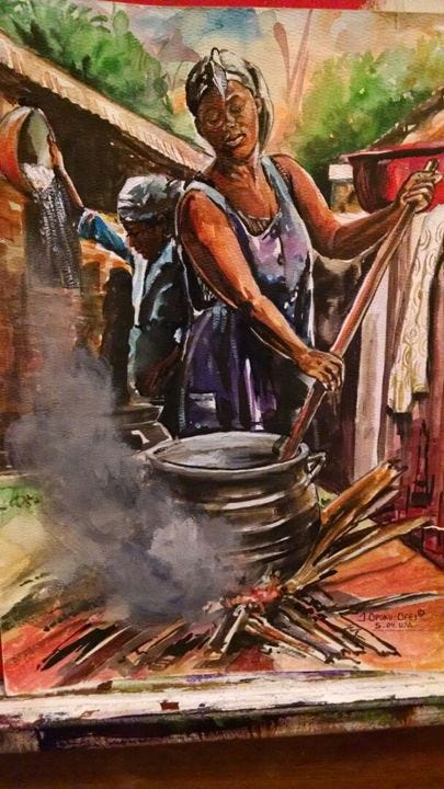 Black African woman cooking outdoors over an open fire, wearing a headwrap and patterned wrapper, preparing a traditional West African dish in a large pot. Black African woman cooking outdoors over an open fire, wearing a headwrap and patterned wrapper, preparing a traditional West African dish in a large pot.