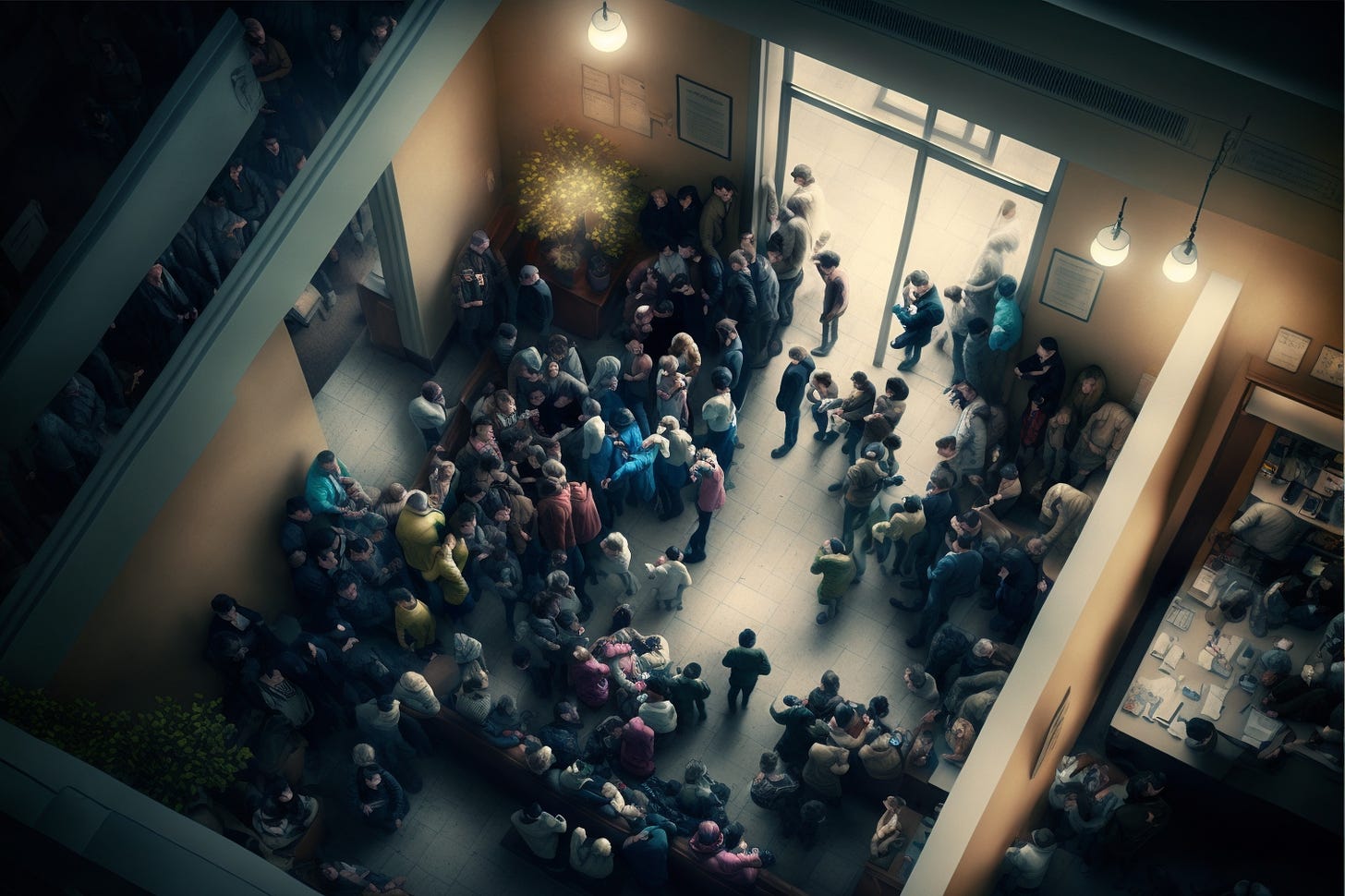 A Midjourney rendered image using the prompt crowded hospital waiting room viewed from above with moody lighting.