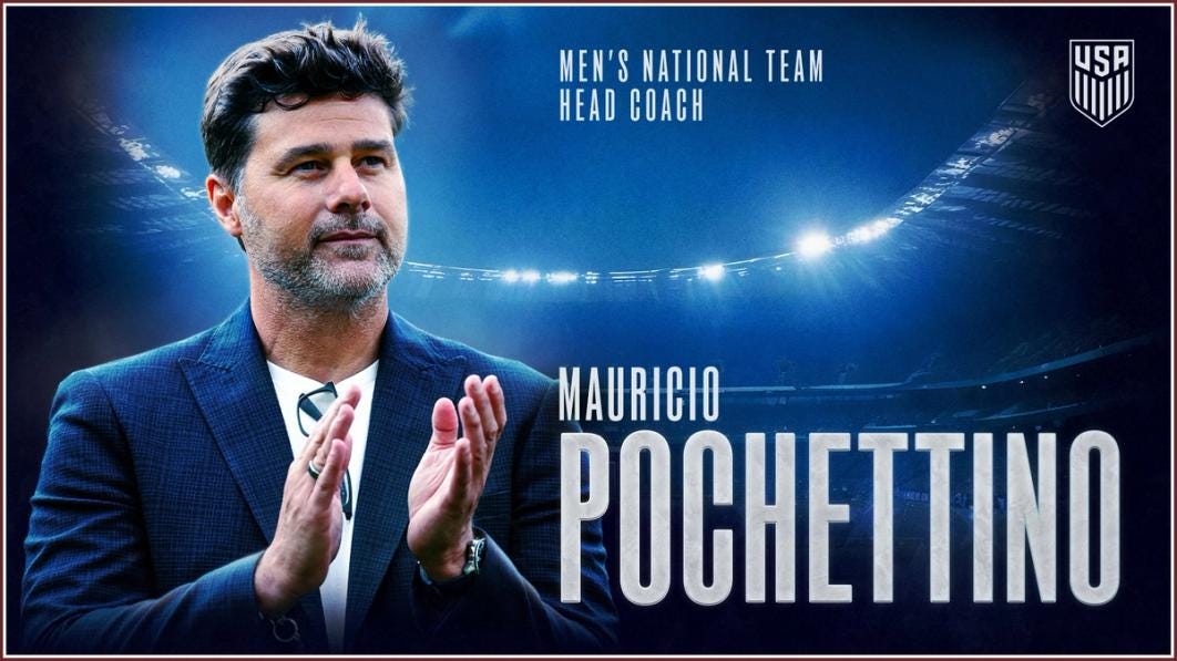 Graphic with a photo of Marucio Pochettino and text Men's National Team Head Coach