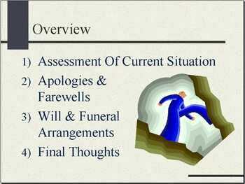 Slide 2: "Overview": List of presentation sections:  Assessment Of Current Situation; Apologies & Farewells; Will & Funeral Arrangements; Final Thoughts. [Includes stylized illustration of figure stepping over a crevasse]