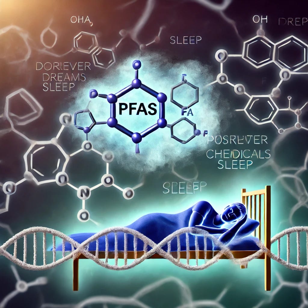 A scientific illustration showing the impact of PFAS (forever chemicals) on sleep. The image includes representations of PFAS molecules surrounding a human figure in bed, with disrupted sleep visualized by fragmented dream clouds or restless body movements. The background features genetic strands and a hormonal symbol (like cortisol) to indicate the molecular and hormonal involvement. A dark and calming color palette is used to represent sleep, contrasted with the bright and intrusive presence of PFAS molecules.