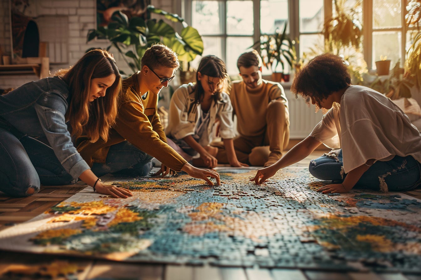 Illustration: A group of friends comfortably sitting on the floor in a pleasantly lit room all working together to solve a giant jigsaw puzzle 