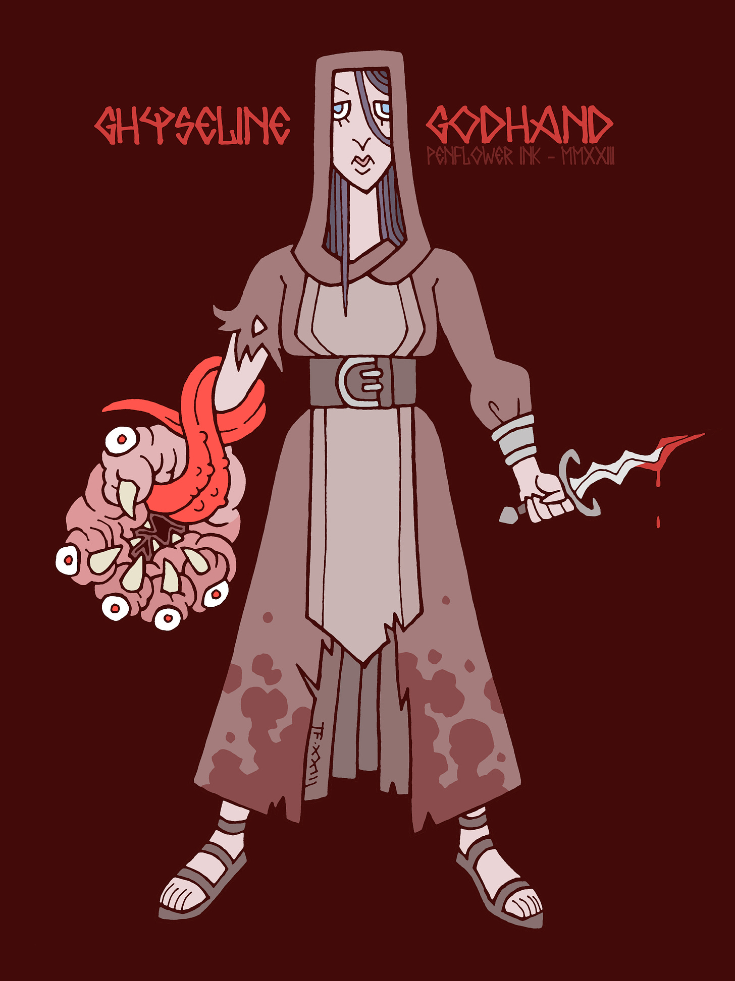 Traditionally hand drawn and digitally coloured of a pale human female cultist, wearing tattered and stained brown hooded robes. She has lank ash coloured hair and frosty blue eyes. She is holding a bloody dagger in her left hand, while her right has been altered, transformed into a toothy maw with several fangs, red eyes and a long tongue wrapped around her arm. Text reads: Ghyseline Godhand.