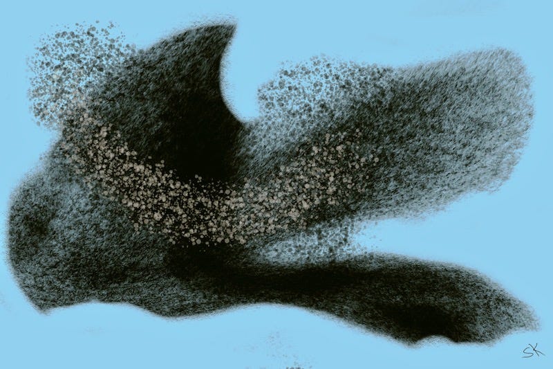 Abstract painting by Sherry Killam Arts depicting a murmuration of birds flying in close formation, changing shape as they move.