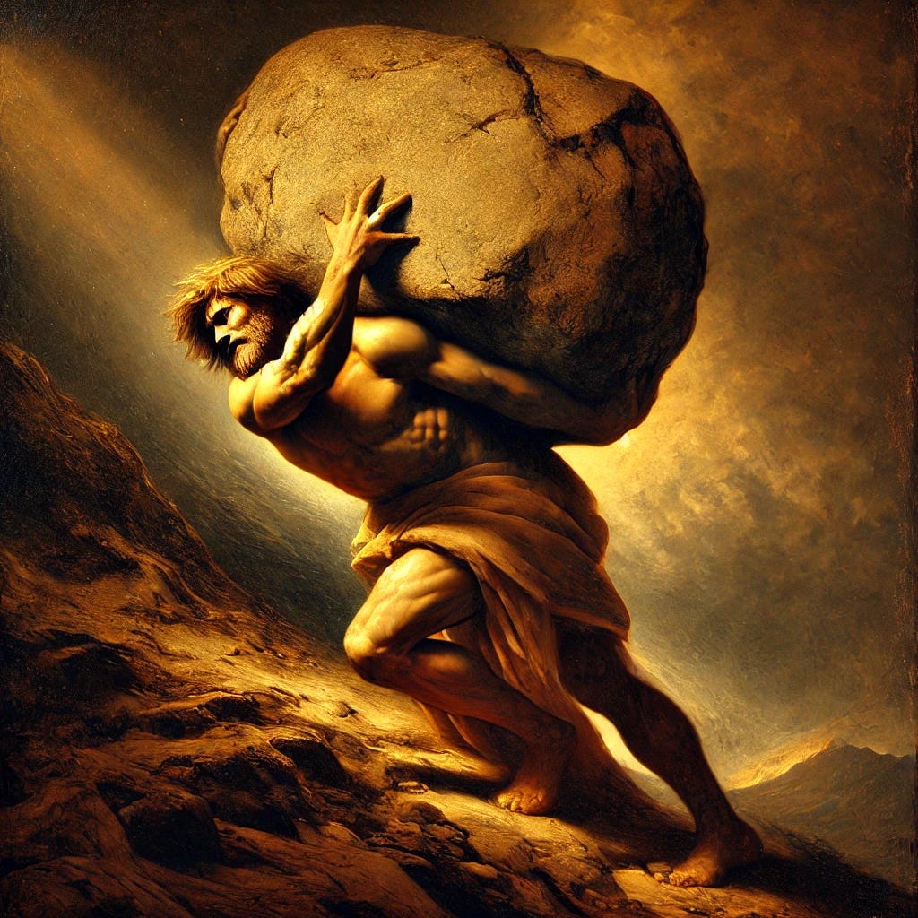 A Rembrandt-style oil painting depicting Sisyphus as an allegory of human endurance. Sisyphus is shown mid-struggle, pushing his great stone uphill. His muscular figure is worn and weathered, yet there is dignity and resolve in his posture. His face, lined with effort and time, is illuminated by Rembrandt’s signature chiaroscuro light—deep shadows embracing his form, while warm golden light catches his face and arms, revealing both strain and defiance. The stone is rough and massive, but almost companion-like, reflecting the eternal nature of their shared burden. The background is rugged, with dark, craggy hills under a stormy sky, but faint rays of light suggest resilience and the timeless human spirit. Rich earthy tones—deep browns, ochres, and golds—dominate the palette, evoking Rembrandt’s classic style.