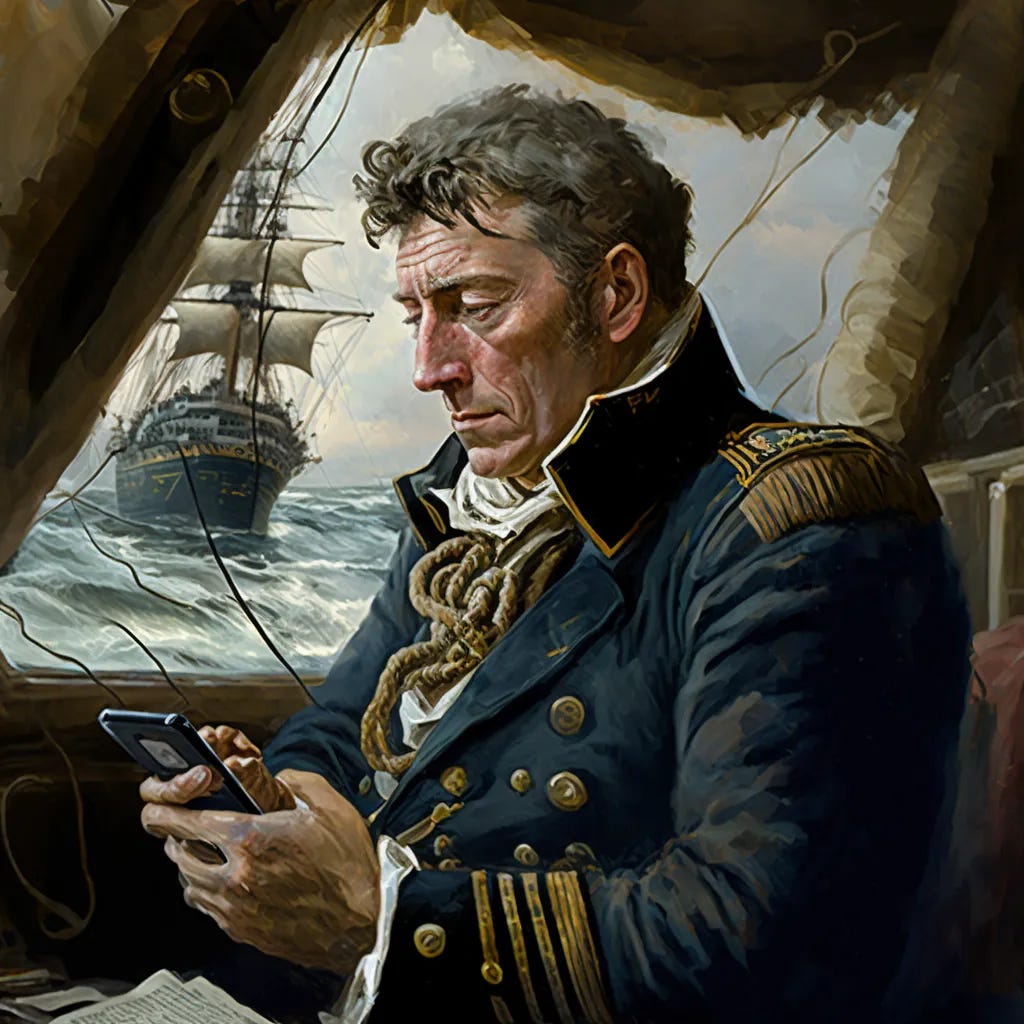 Historically inaccurate portrayal of a sea captain checking his Garmin