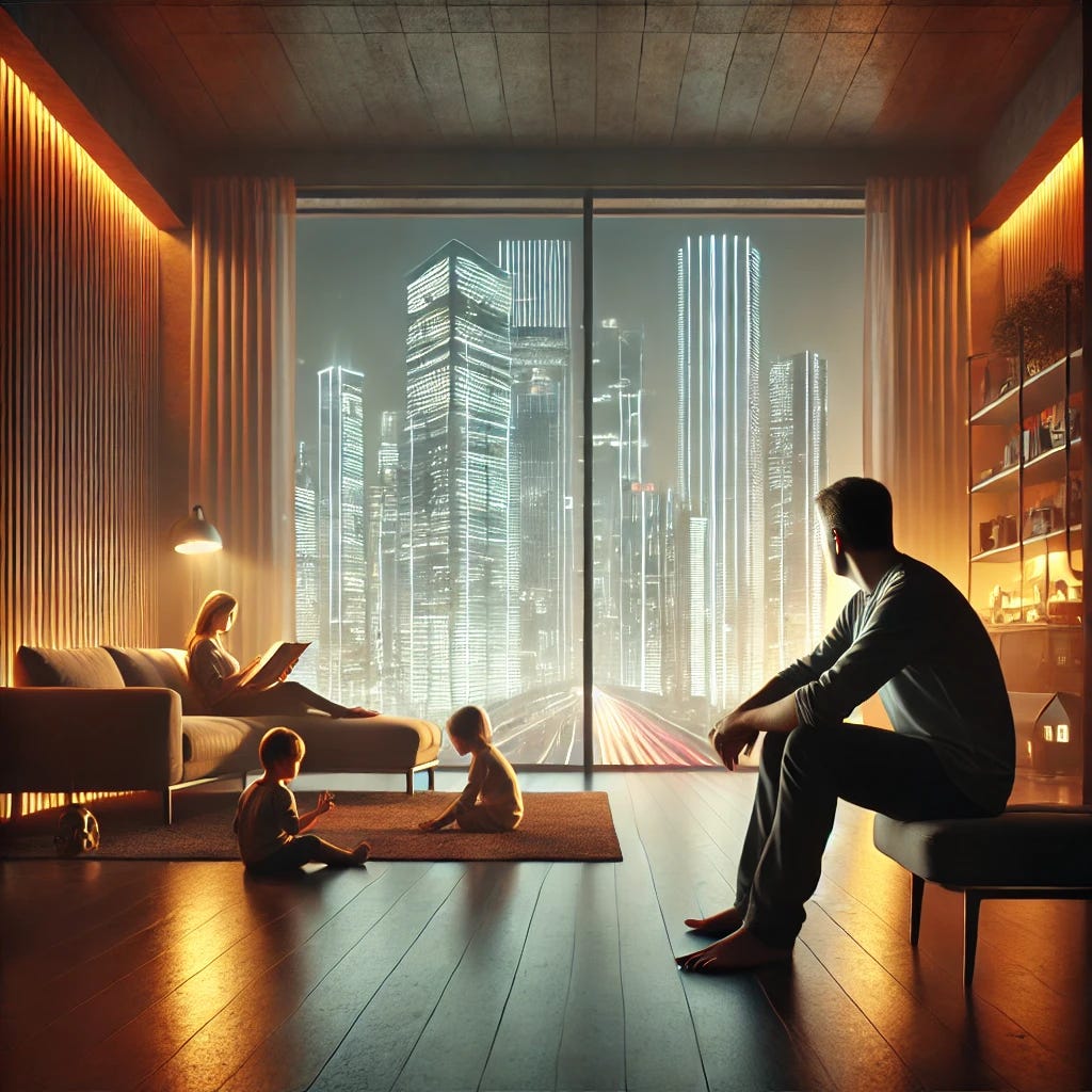 A contemplative adult man sits in a warmly lit room, facing a large window that showcases a futuristic cityscape with subtle neon lights. The room exudes a serene atmosphere. Behind the man, his wife is sitting on a sofa, absorbed in reading a book, and their two children are quietly playing on the floor with toys. The scene captures a balanced mood of contentment and reflection, as the man appreciates both the view and the presence of his family in a calm setting.