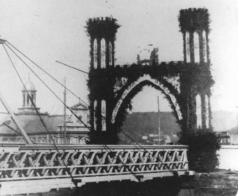 Wellington Bridge, decorated for visit of the Prince of Wales, 1860. The Prince’s visit to Ontario was marred by anti-Catholic demonstrations by the Orange Order. Photo: William Notman.  Notman Photo Archives, McCord Museum.