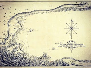 A hand-drawn coastal map shows shipwrecks in Port Phillip, 1853