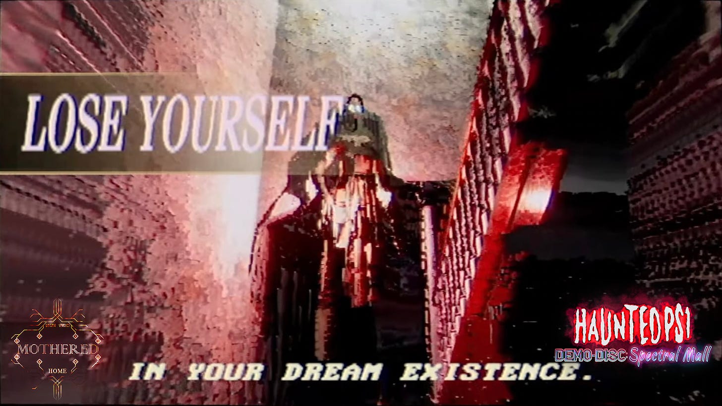 The words "lose yourself in your dream existence" superimposed over a blurry image of a staircase. It looks like a crashing pc game or a blurry VHS. The logo for Mothered appears in the corner.
