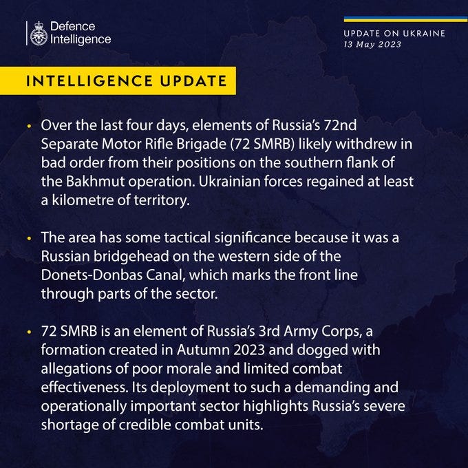Latest Defence Intelligence update on the situation in Ukraine - 13 May 2023. Please read thread below for full image text.