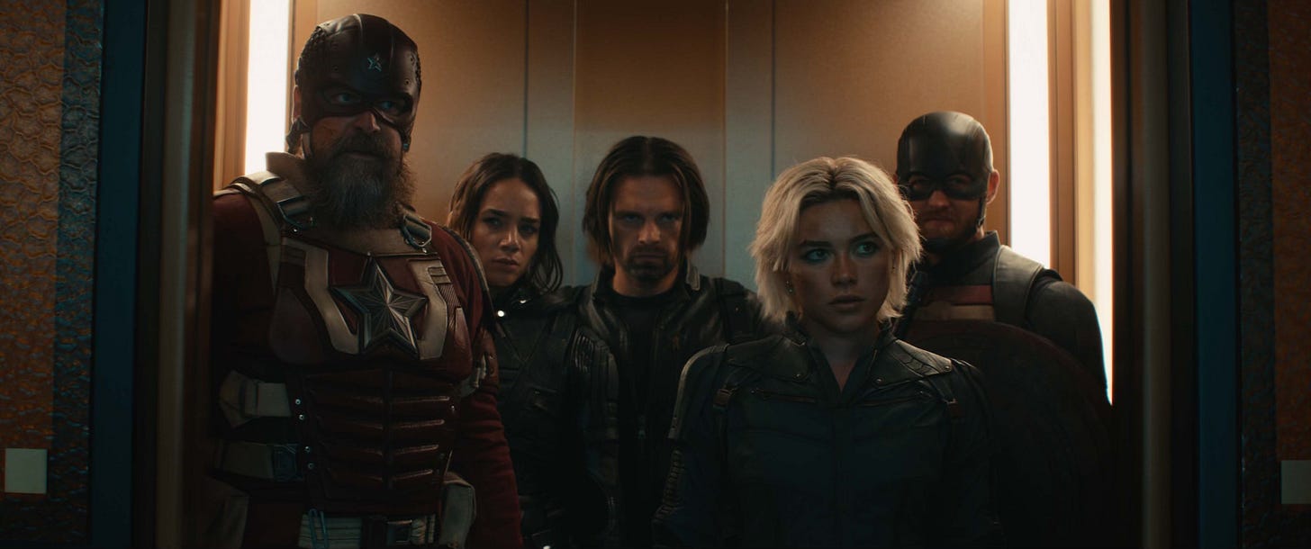 (L-R) David Harbour as Alexei Shostakov/Red Guardian, Hannah John-Kamen as Ava Starr/Ghost, Sebastian Stan as Bucky Barnes/Winter Soldier, Florence Pugh as Yelena Belova, and Wyatt Russell as John Walker/U.S. Agent in Thunderbolts* (L-R) David Harbour as Alexei Shostakov/Red Guardian, Hannah John-Kamen as Ava Starr/Ghost, Sebastian Stan as Bucky Barnes/Winter Soldier, Florence Pugh as Yelena Belova, and Wyatt Russell as John Walker/U.S. Agent in Thunderbolts*