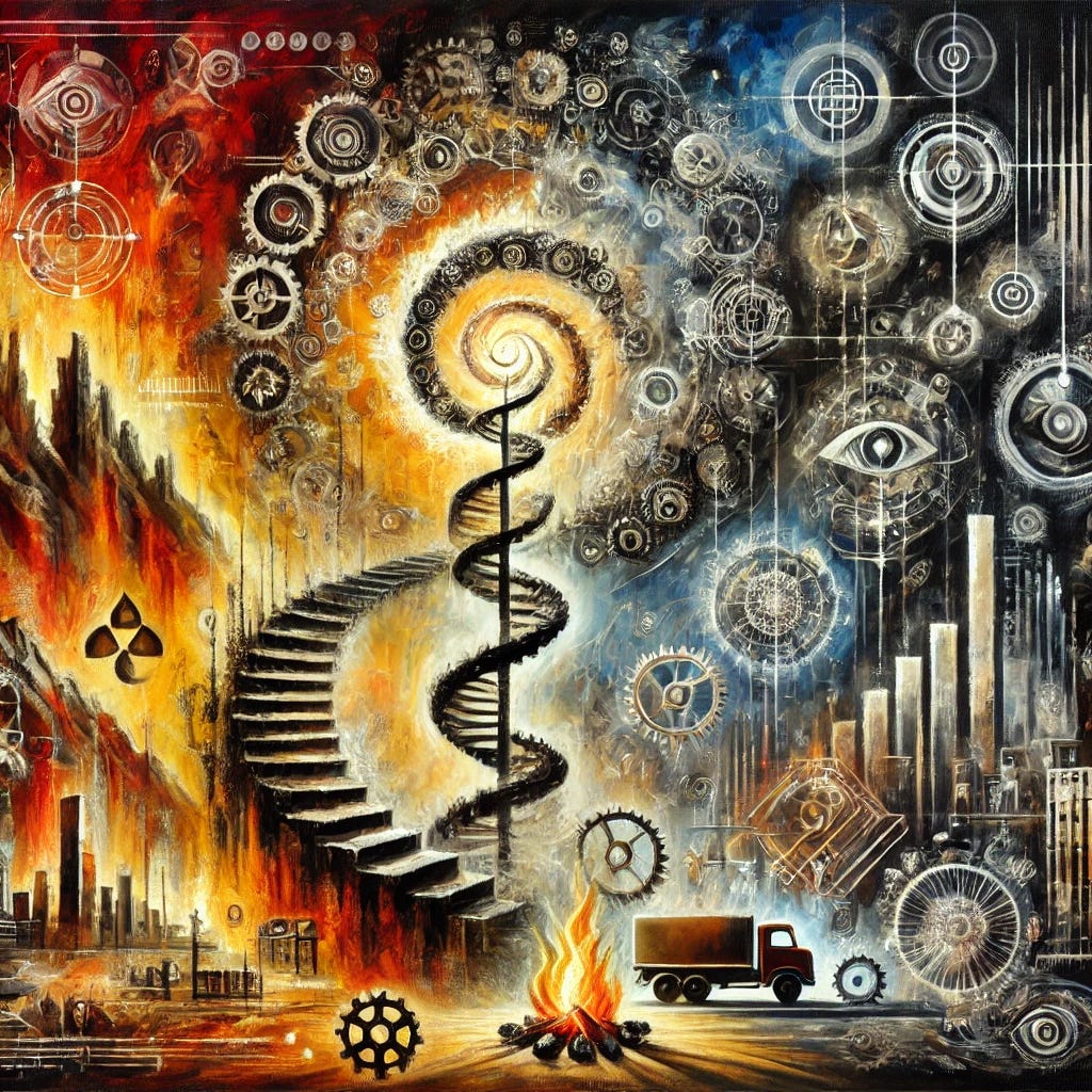 An oil painting with expressive strokes and bold colors depicting an abstract interpretation of global transformation and unity. The base of the painting showcases primitive symbols like caves, fire, and tribal totems fading into industrial machinery, gears, and factories, symbolizing human societal evolution. A spiraling structure ascends in the middle, made of interconnected cogs and digital symbols, representing the progression of human consciousness toward global unity. At the top, a glowing orb radiates tendrils of light connecting smaller orbs, symbolizing collective consciousness and major global entities. Abstract motifs of surveillance like stylized cameras and eyes, corporate insignias, and organic patterns blend into the scene. The color palette includes deep reds, blacks, and silvers for struggle and industrial power, balanced with golden yellows and cool blues for transformation and enlightenment.