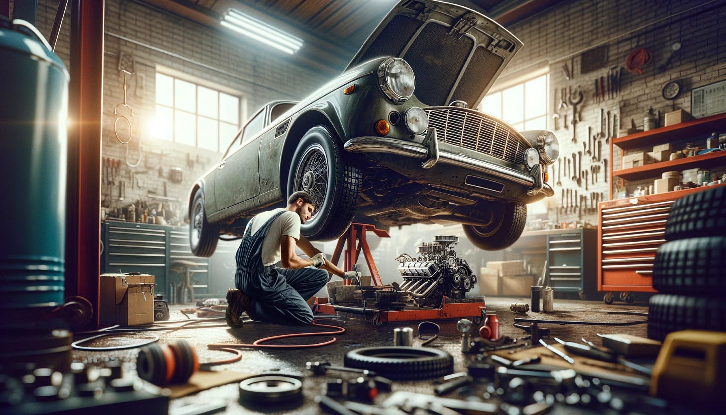 ai generated image of man in coveralls working on a classic car in his garage, parts are strewn about the garage