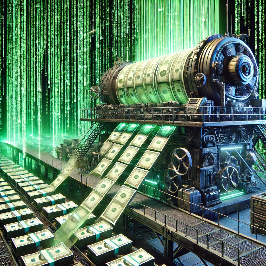 Visualize a large, industrial-scale money printer in a Matrix-inspired setting, actively printing a vast amount of money, with no textual elements. The printer should be complex and immense, resembling machinery used in heavy industry, operating in a dark, futuristic environment. The scene should be filled with stacks of money flowing out in abundance from the printer. The background includes vibrant, flowing green digital code, akin to the Matrix films, enhancing the cyberpunk, tech-heavy atmosphere. The overall setting should emphasize the massive scale of financial production in a visually rich, digital world.