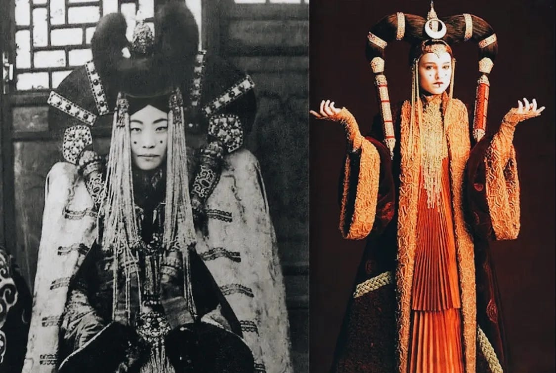 Two photos showing the similarities between Korean bridal makeup and Queen Amidala's makeup with two dots on the cheeks