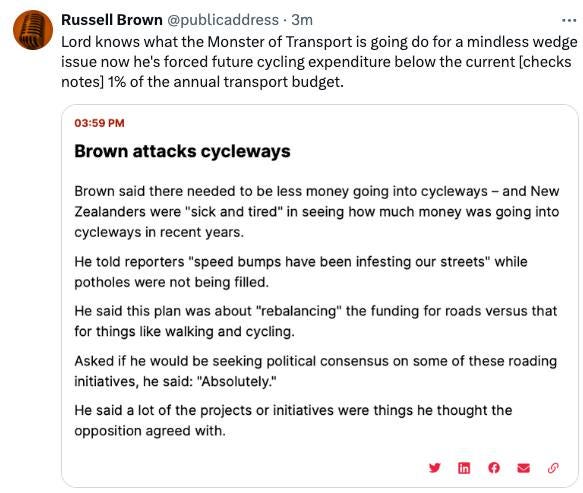 Tweet from Russell Brown on cuts in cycling funding.