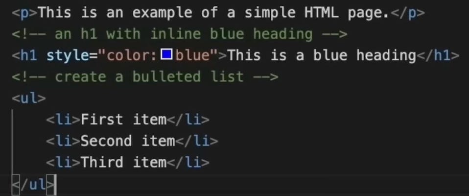Some HTML code. The developer has requested some code in the comment, an h1 with inline blue heading, and the copilot has written it out.