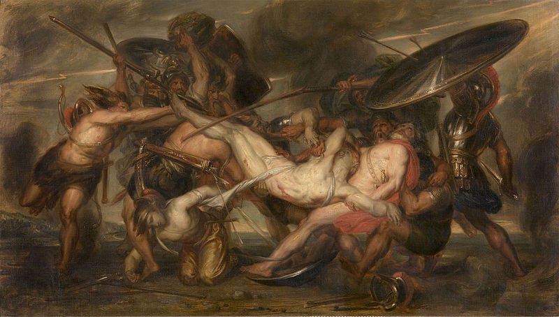 Color photograph of an oil painting of warriors fighting over a body