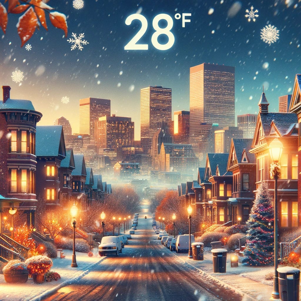 A festive Thanksgiving scene in Denver, Colorado, with a chilly atmosphere at 28 degrees Fahrenheit. The city is depicted in the evening with hints of snow starting to fall, symbolizing the onset of winter. Streets are lightly dusted with snow, reflecting the city's historical weather patterns. Warm, glowing lights from homes and street lamps add a cozy feeling, contrasting with the cold temperature. The image has a whimsical, holiday vibe, incorporating Thanksgiving elements like autumn leaves and subtle decorations, capturing the essence of a Thanksgiving evening in Denver.