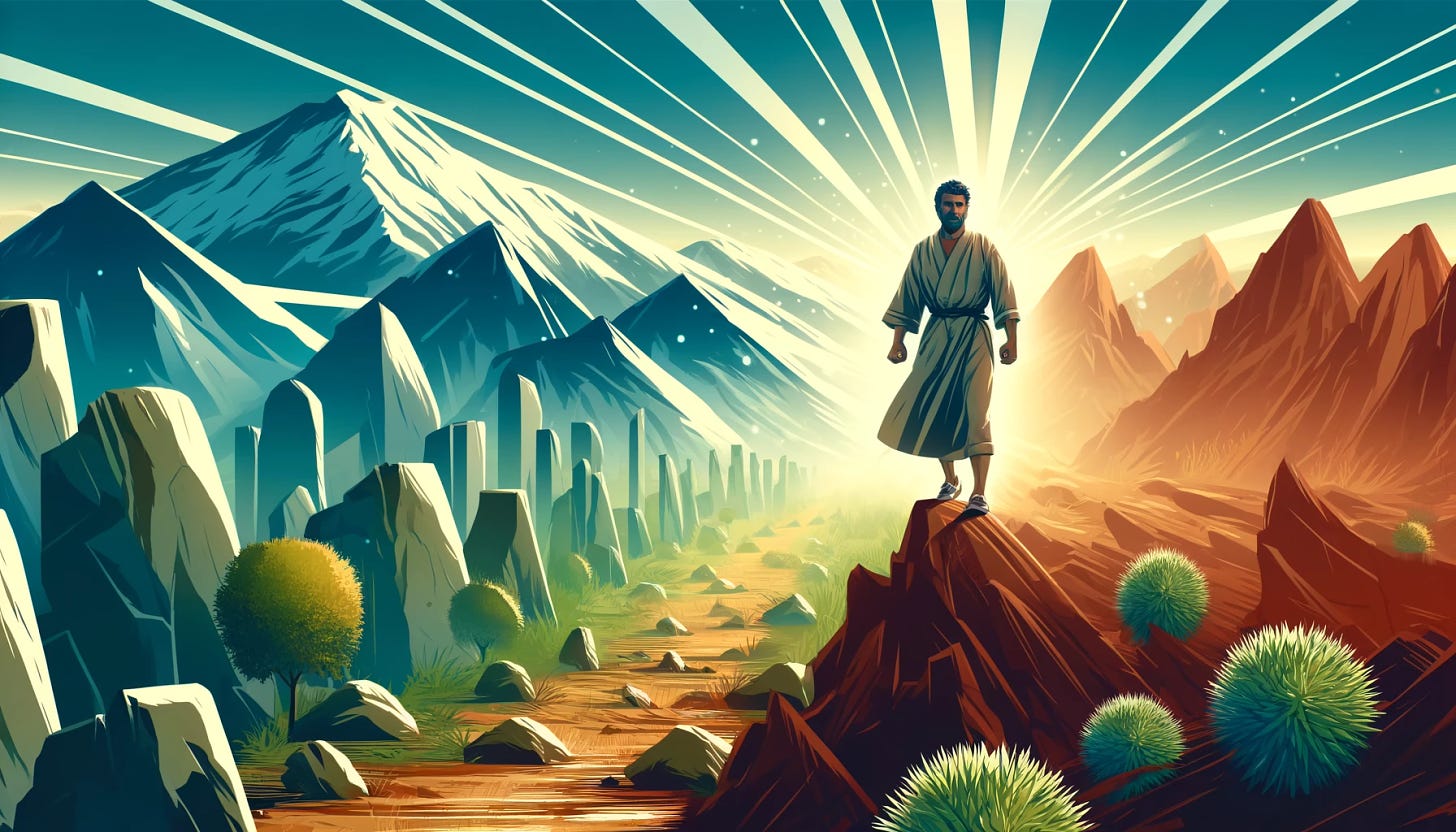 Illustration of a man standing on a rocky peak with a dramatic sunrise illuminating a mountainous landscape in the background. The scene features vibrant greenery and bold, angular rock formations, symbolizing resilience and the journey of life.