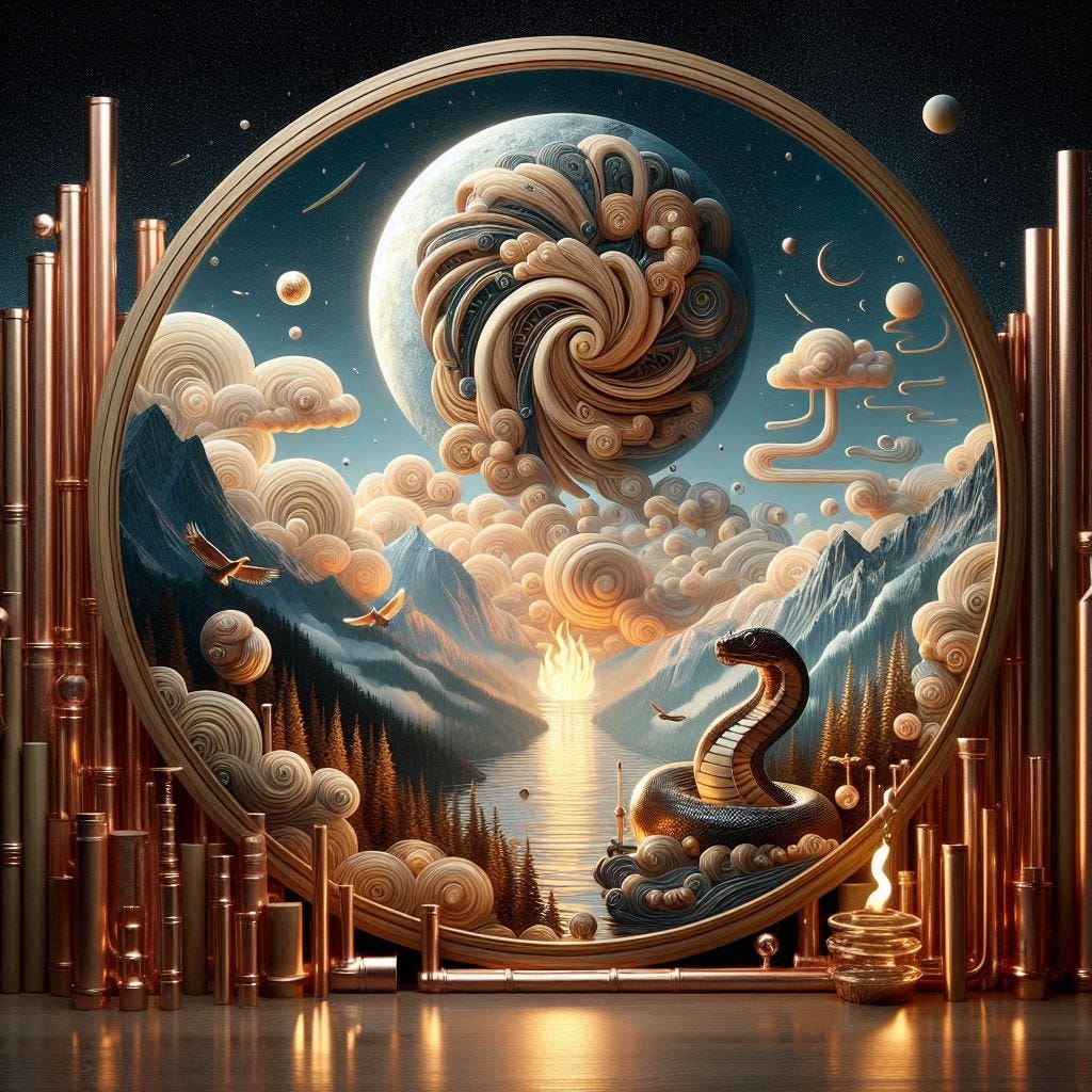  angle glass screen with with a small fire in it over image of  Birchwood/rosewood "Wheel of Fortune"/SPHINX/ SNAKE/ water in resin/ soft, beautiful/honey-wood and copper/ Marquetry, verdigris. mountain / fluffy cloud floating low in foreground / honey-gold-swirl/surrounded by copper pipes .REFLECTED/ Inspired by style of Jeffrey Catherine Jones /backdrop of swirling clouds under moon.black starry sky 
