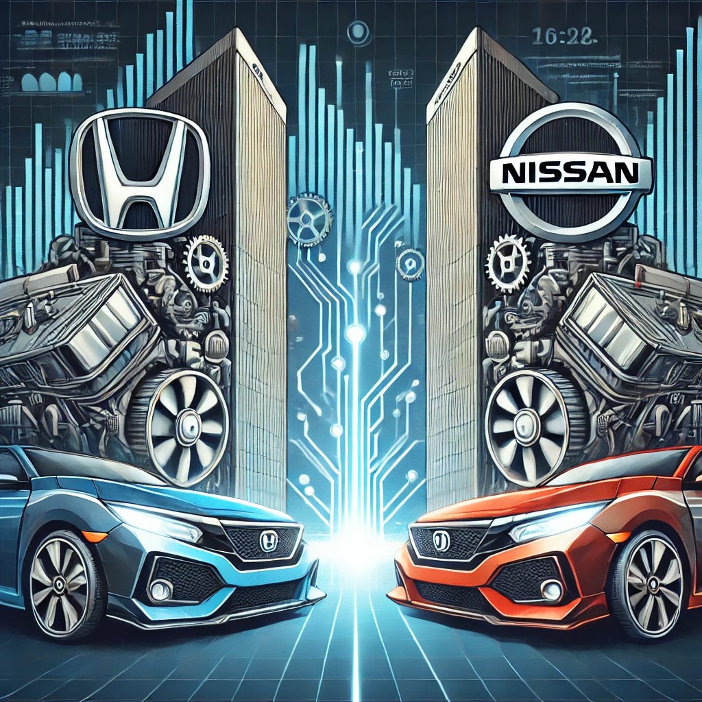 A financial pop-art style illustration representing Honda and Nissan in merger discussions, shown from a creative and unique angle. The scene features two giant skyscrapers resembling car engines, one with the Honda logo and the other with the Nissan logo. Between the buildings, a glowing bridge forms, symbolizing their connection and collaboration, with dynamic gears and circuit lines flowing across. The background includes subtle financial graphs, stock market charts, and glowing digital patterns. The color palette uses bold reds, blues, and metallic silver, creating a clean and professional design consistent with financial news aesthetics. Format: 16:9, 1920x1080 resolution, impactful and visually engaging.