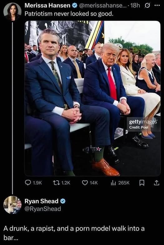 May be an image of 3 people, the Oval Office and text that says 'Merissa Hansen @merissahanse.... 18h Patriotism never looked so good. 二一 E1 gettyim gettyimages Credit: Credit:Pool Pool 1.9K C71.2K 1.2K L7 14K 4K|265K ilil 265K Ryan Shead @ RyanShead A drunk, a rapist, and a porn model walk into a bar...'