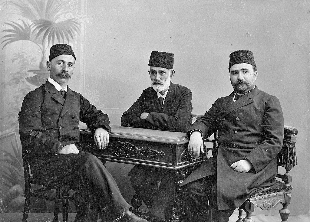 Ismail Gaspıralı (L), journalist Hasan bey Zardabi (C) and politician Alimardan Topchubashov, in Baku, Azerbaijan, 1903. Ismail Gaspıralı (L), journalist Hasan bey Zardabi (C) and politician Alimardan Topchubashov, in Baku, Azerbaijan, 1903.