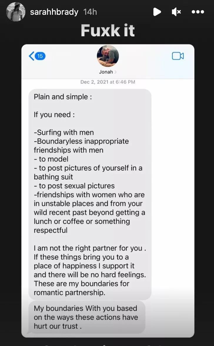 Sarah Bradley's post of a text wherein Jonah Hill said he can’t continue to date her if she surfs with men and posts photos of herself wearing a bathing suit.