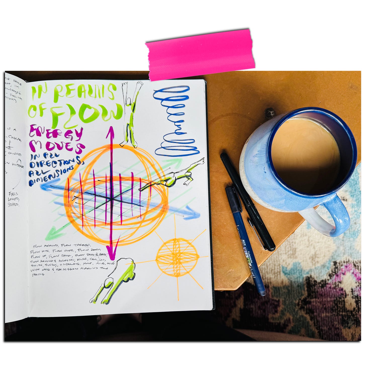 Artist Lisette Murphy’s sketchbook is open on a copper coffee table next to a cup of coffee and a couple pens. On the page is written, “in realms of flow energy moves in all directions, all dimensions. Flow around flow through flow with flow over flow down flow up flow back…move with ease and permission around the rocks”
