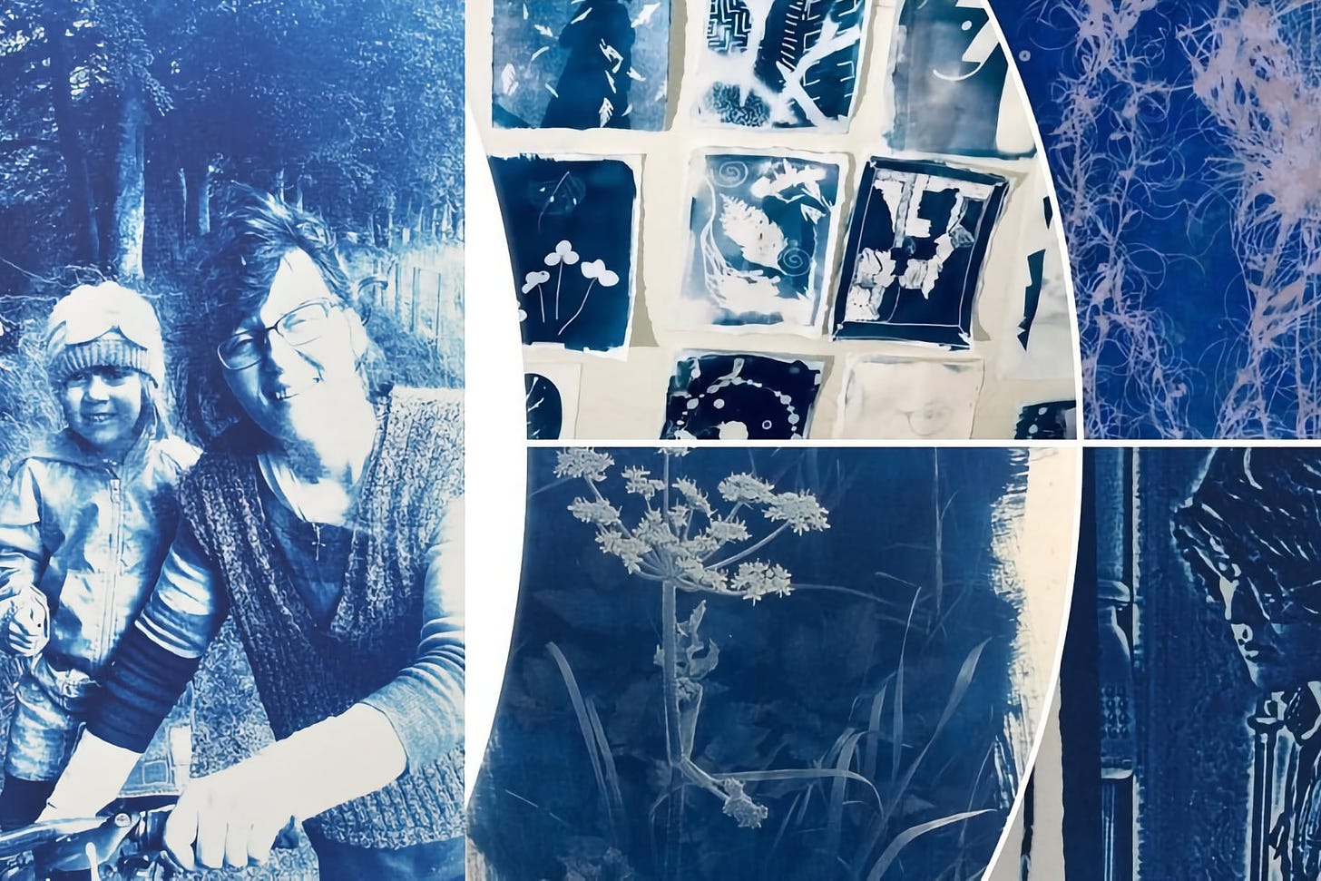 The image is a collage of cyanotype prints with a dominant blue and white colour scheme. On the left, there's a joyful outdoor scene featuring an adult and a young child, both smiling widely beside a bicycle. On the right, there are various smaller cyanotype prints showcasing different botanical shapes and abstract designs. The lower right features a detailed print of a plant, capturing the fine details of its leaves and flowers. Cyanotype is a photographic printing process that produces a cyan-blue print, and these artworks exemplify the technique's distinctive hue and shadow detail.