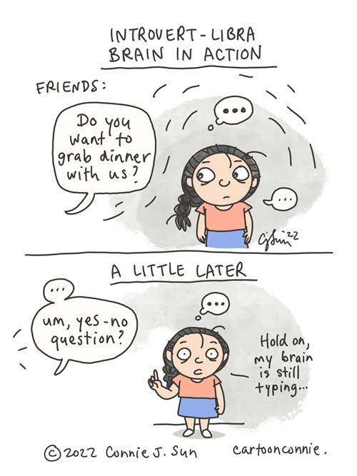 Introvert-Libra Brain in Action Two-panel comic of a cartoon girl with a braid, being characteristically indecisive, titled "Introvert-Libra Brain in Action." Panel 1: Friends say, "Do you want to grab dinner with us?" Girl freezes, with ellipses indicating both thought and speech. Panel 2 heading: "A little later." There's an awkward pause before friends add, "Um, yes-no question?" Girl gestures to wait a moment, ellipses still over her head, and says, "Hold on, my brain is still typing." Webcomic by Connie Sun, cartoonconnie, 2022.