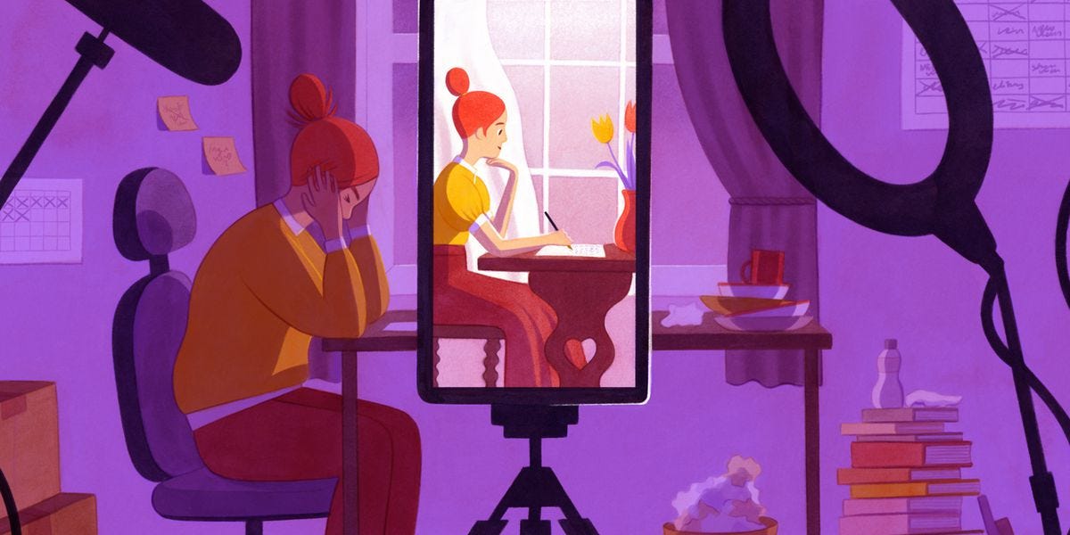 An illustration in shades of pink, purple, and white shows a woman sitting at a table working on art, with another, brighter, view of her shown through a mobile phone screen, with a ring light and microphone at the edges of the image.