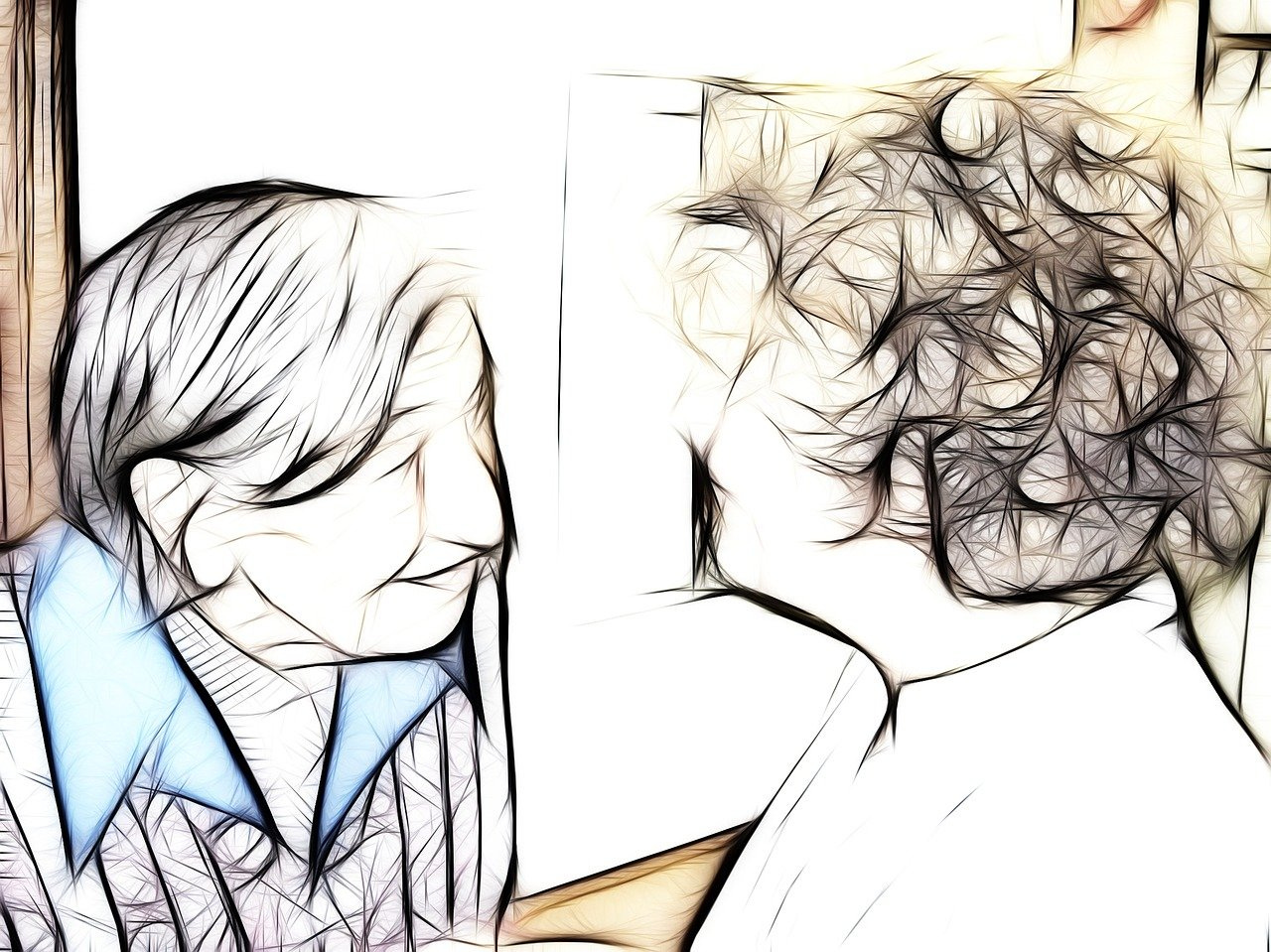 illustration of an older woman, wrinkled face and smiling, looks at a younger woman, her caregiver