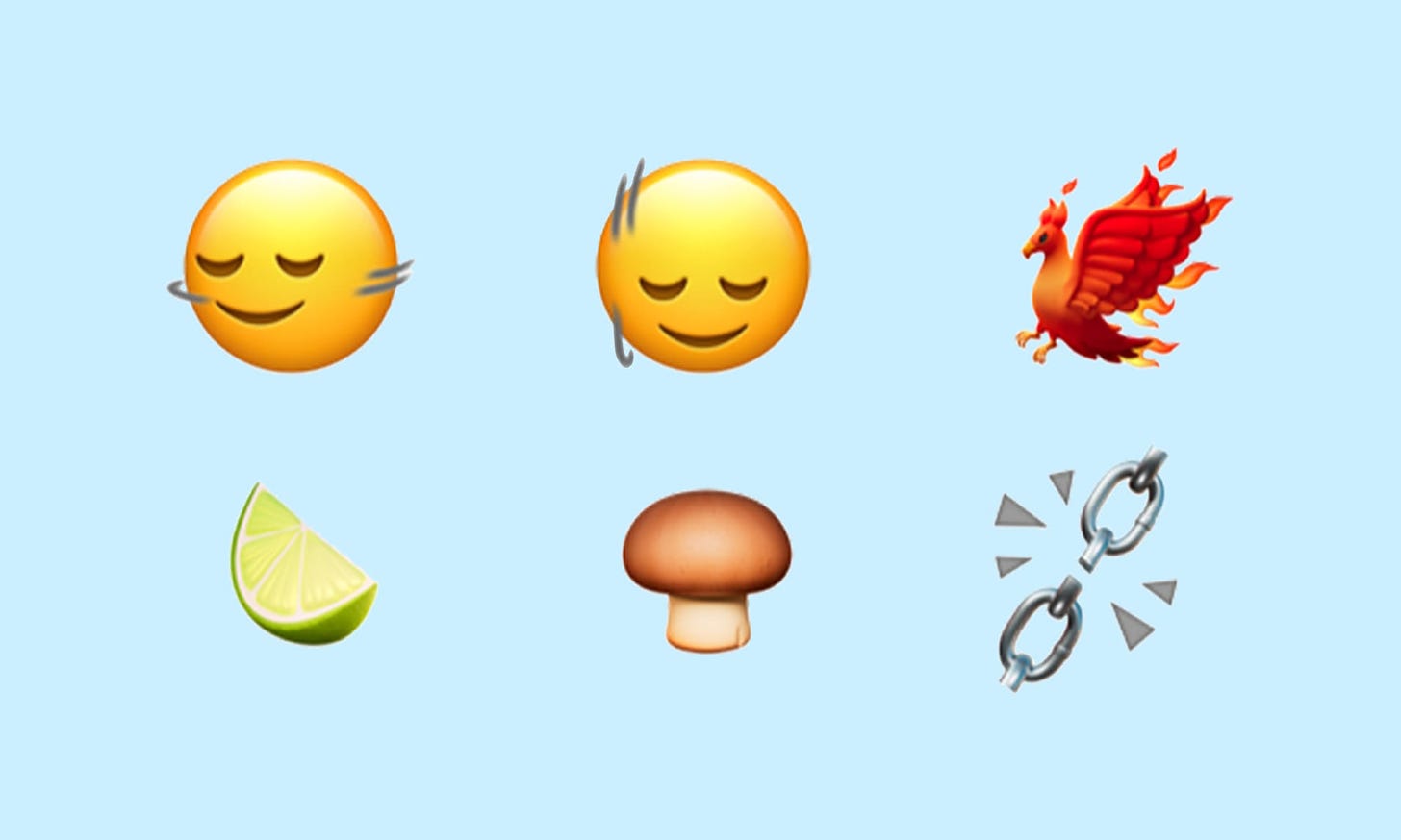 Image description: pale blue background with six new emojis: a shaking head, a nodding head, a phoenix, a lime, a brown mushroom, and a broken chain.
