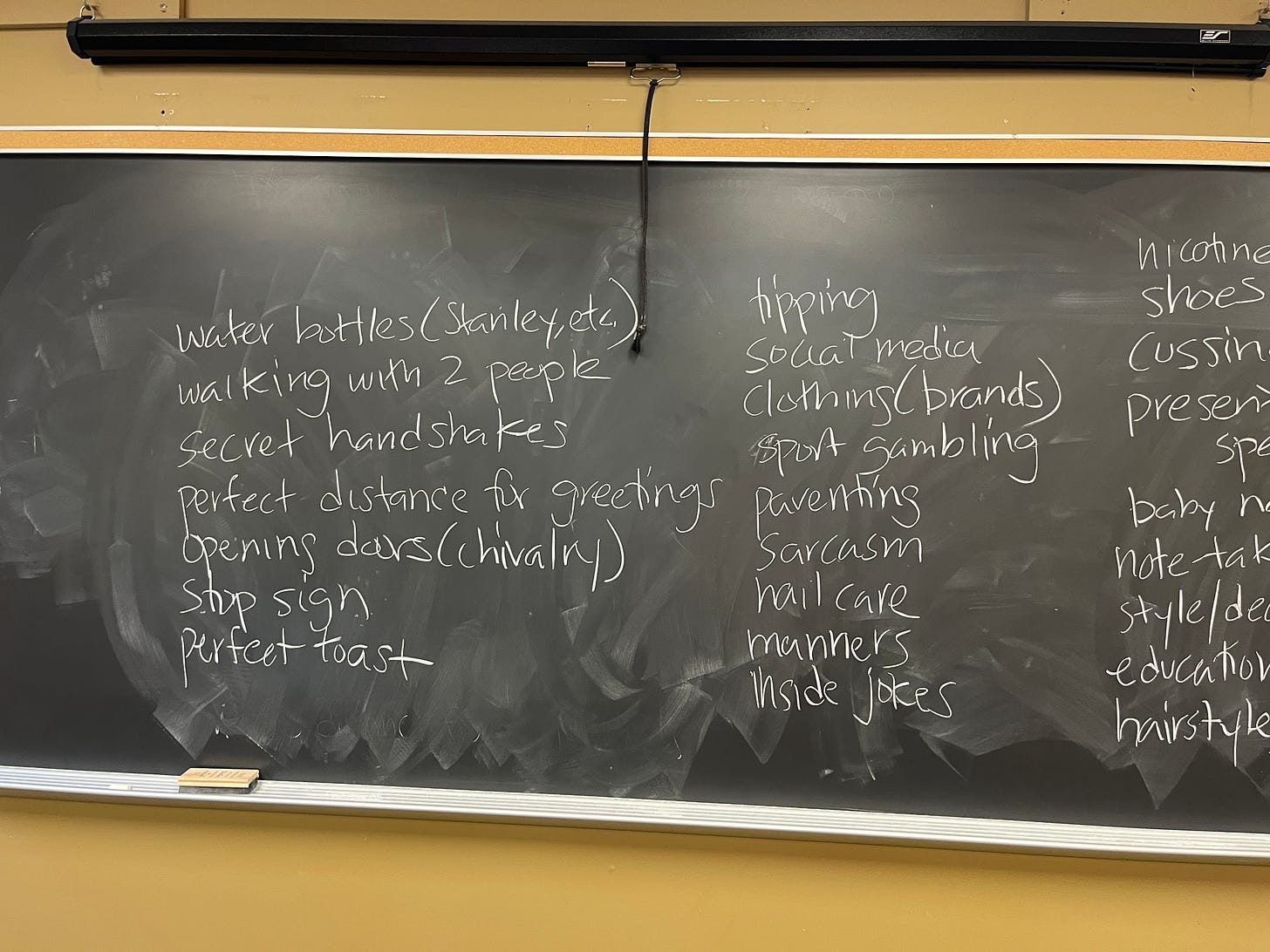 A chalk board with a list of random phrases like water bottles, walking with 2 people, secret handshakes, the perfect toast, inside jokes, etc.