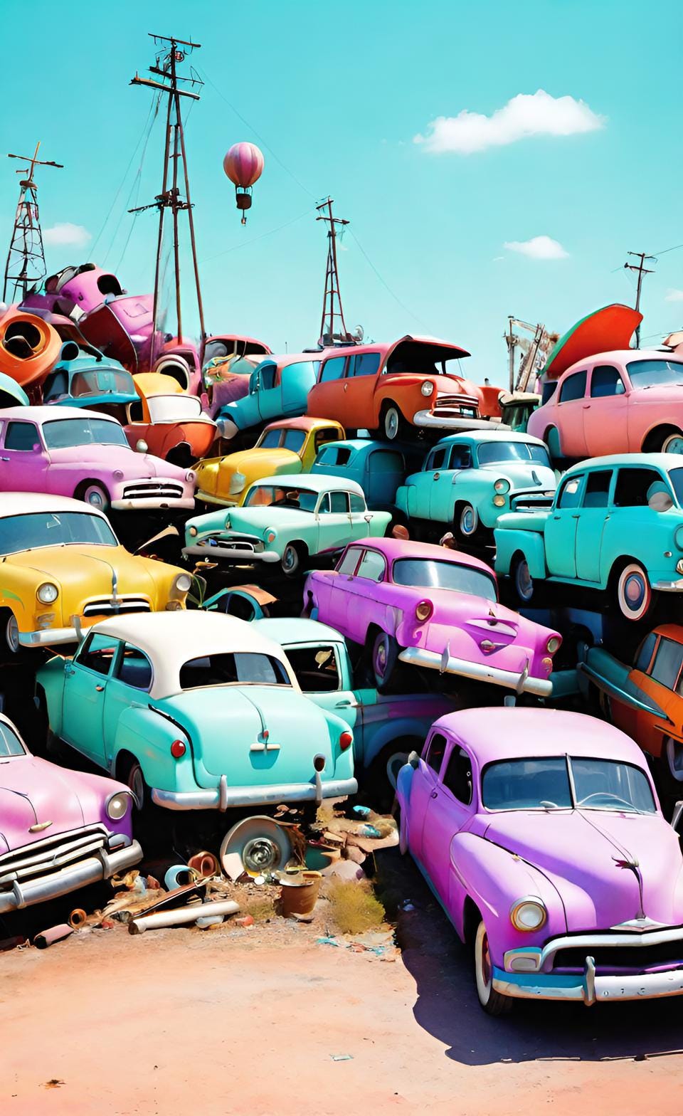 pile of old cars in a junkyard