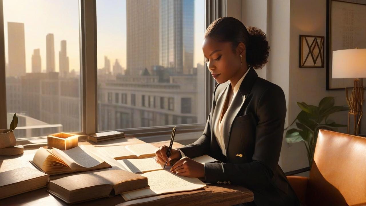 digital painting: a modern Black woman in a sunlit urban apartment, seated at a weathered wooden desk with a leather journal open to pages filled with handwritten prayers. Soft golden-hour light from a large window highlights a bustling cityscape below, casting geometric shadows across her face. She wears a tailored ivory blazer, hands clasped over a candle's flickering flame. Art Nouveau-inspired floral patterns frame the window, blending with warm amber tones and chiaroscuro lighting. Photorealistic textures, soft glows, and intricate details. Ultra-detailed.