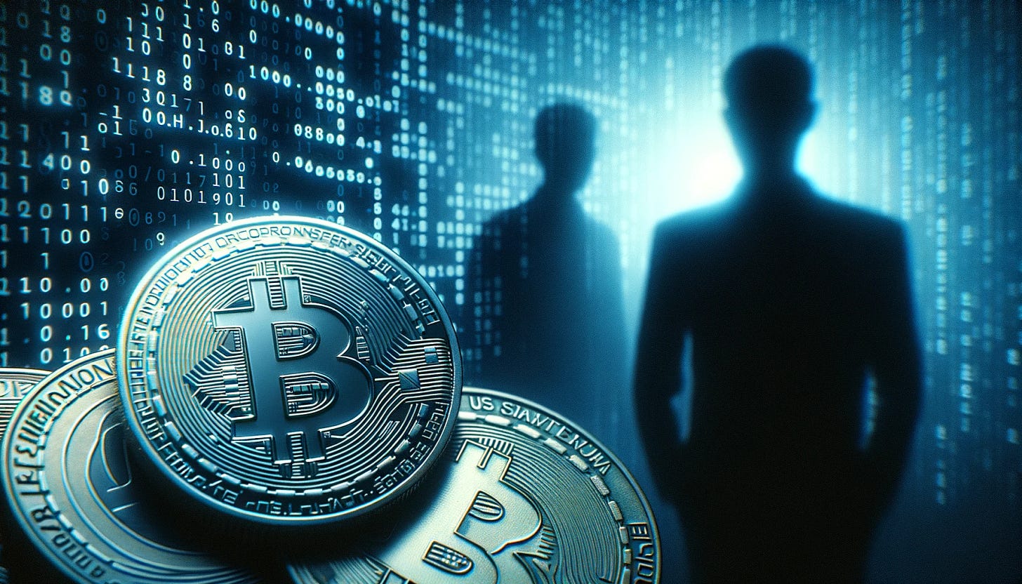 Photo: Close-up shots of cryptocurrency coins with faint digital code overlay. In the background, two shadowy figures face away from each other, representing estrangement. The atmosphere is tense with a cold, blue color tone.