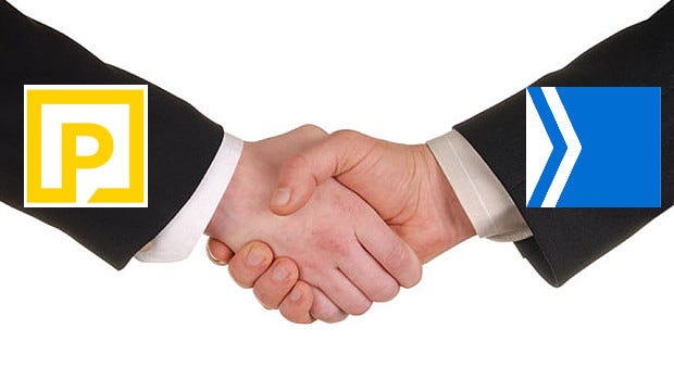 Two white hands in business suits shake. One has the Post Media logo, while the other has the Toronto Star design