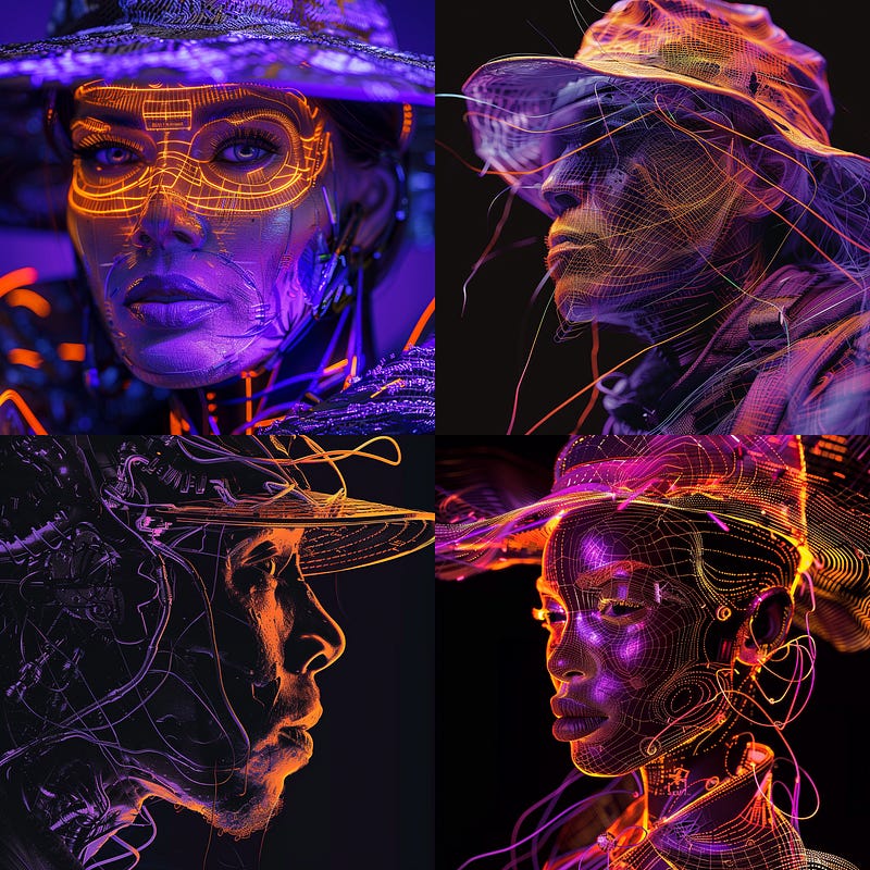 Photographic portrait of biomechanical cyborg with fishing hat in orange and purple tones