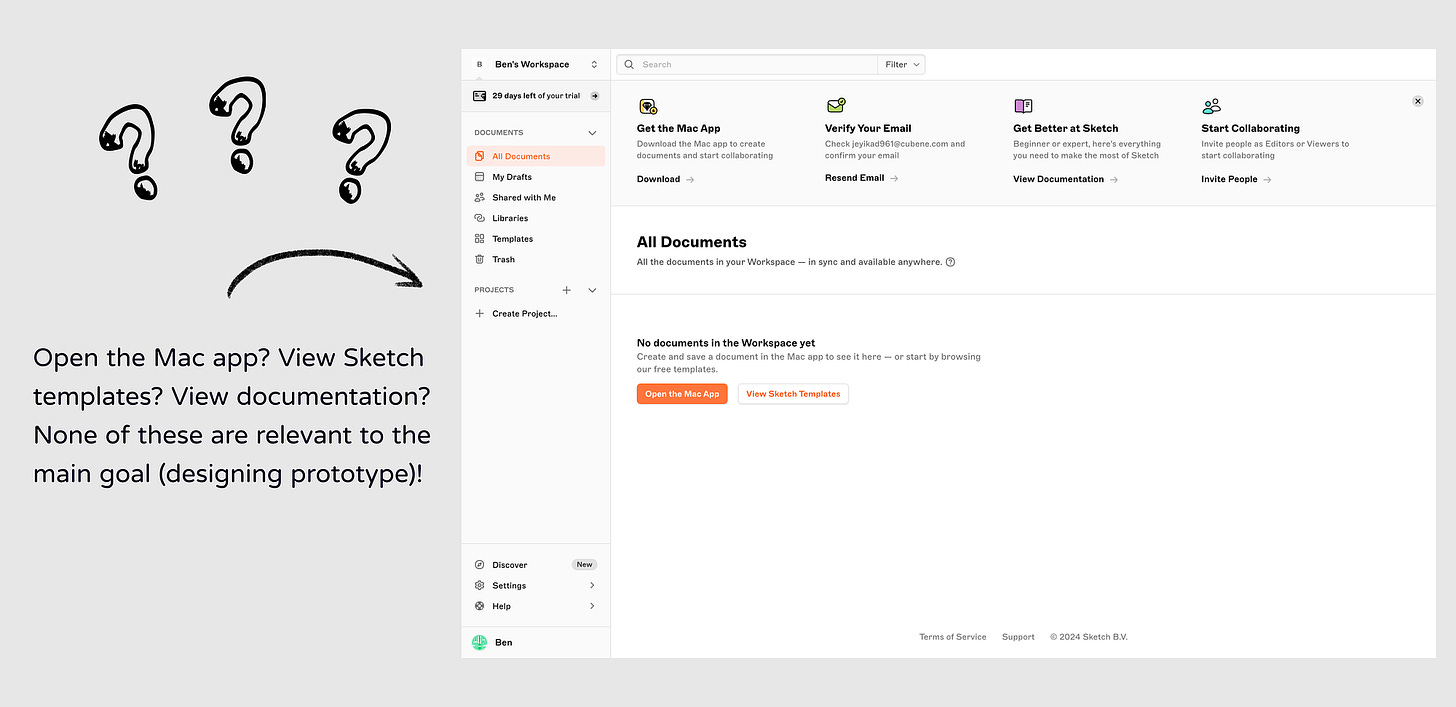 Sketch navigates you to a dashboard without clearly pointing you to any place.