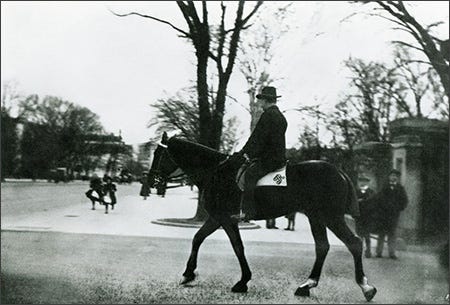 President Theodore Roosevelt leaving the White House for a ride on Bleistein, his favorite hunter, 1903.