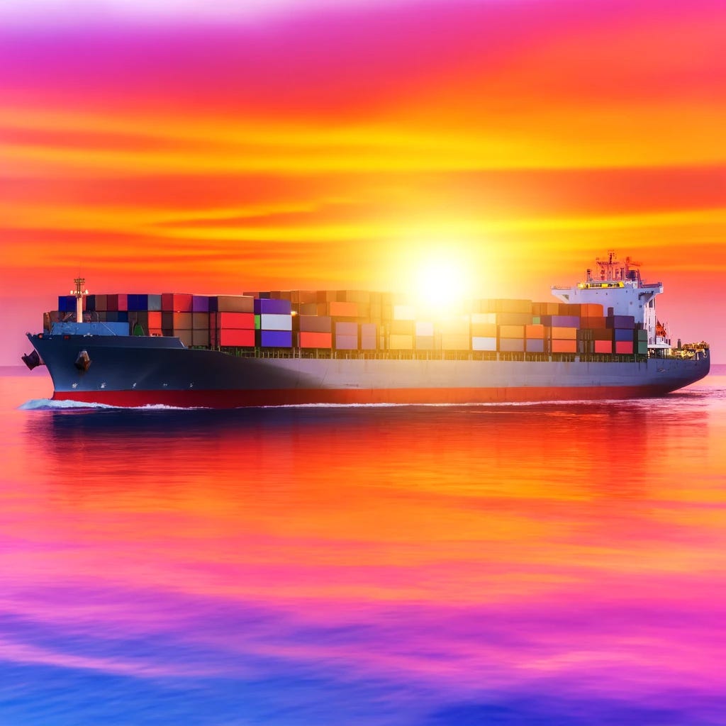 A vessel in the ocean carrying containers during sunset, with vibrant and warm hues. The sky is painted in shades of orange, pink, and purple, reflecting on the calm waters. The vessel is large, with stacks of colorful containers, and the scene evokes a sense of serenity and good vibes. The sunset colors create a beautiful contrast with the ocean, giving the image a tranquil and picturesque atmosphere.