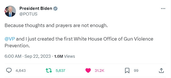Tweet from Joe Biden: "Because thoughts and prayers are not enough.   @VP  and I just created the first White House Office of Gun Violence Prevention."