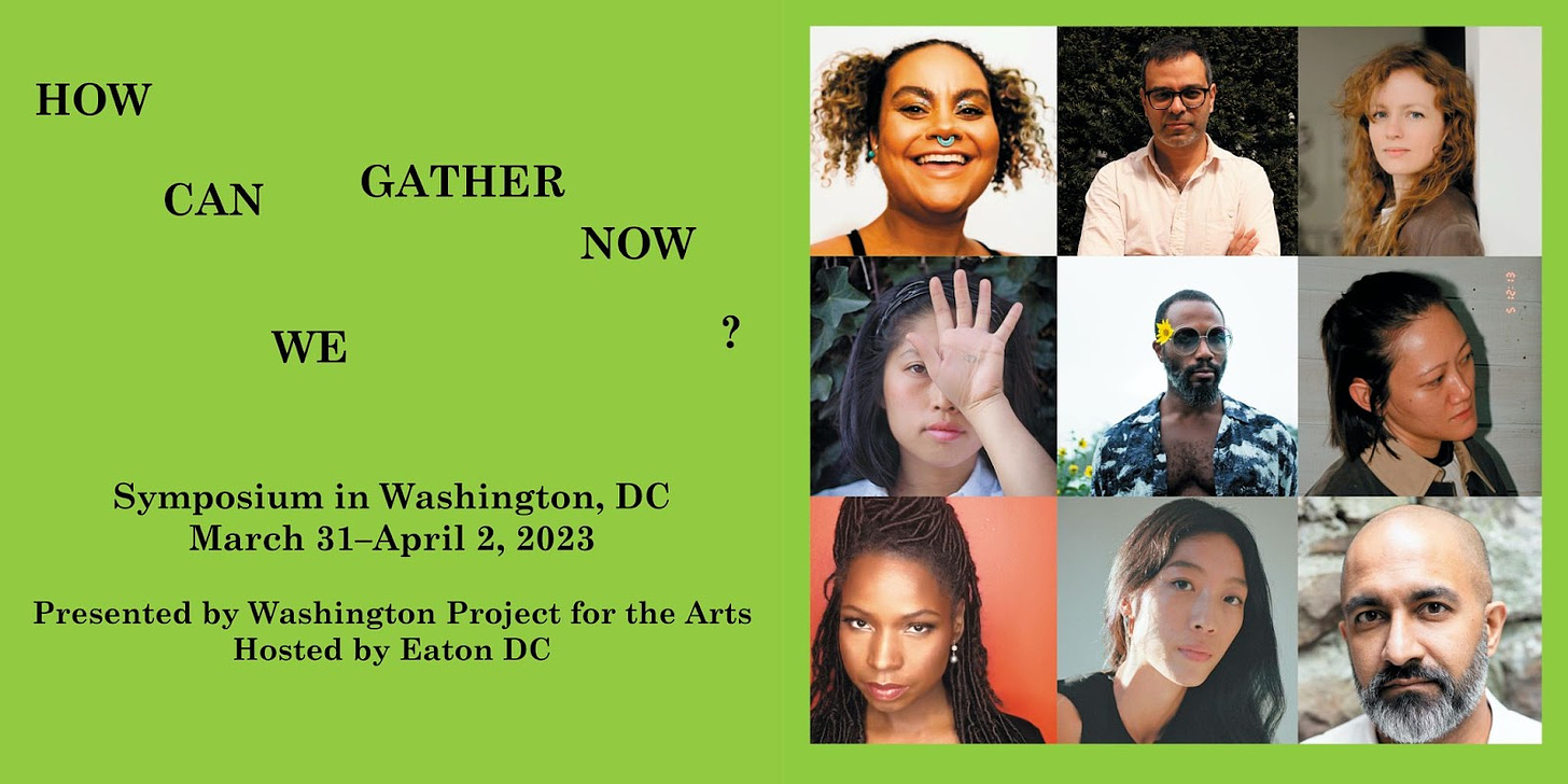 Event announcement for "How can we gather now?" symposium with a green background, black serif type, and a grid of nine faces