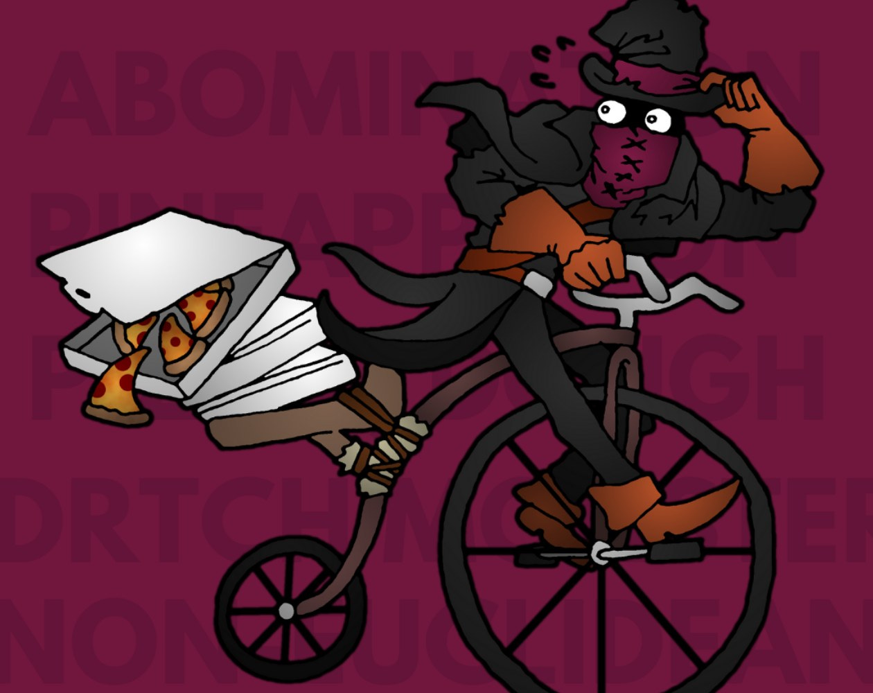 A cartoonish character wearing a tattered cloak, wide-brim hat, and a red bandana covering their face rides a bicycle while carrying a large stack of pizza boxes. One pizza slice is sliding out. The background is dark purple with faint text that says "NON-EUCLIDEAN ABOMINATION."